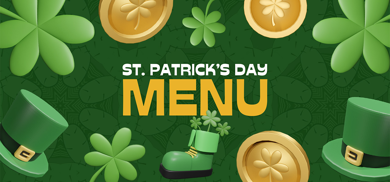 St. Patrick's Day menu banner with shamrocks, gold coins, and leprechaun hats